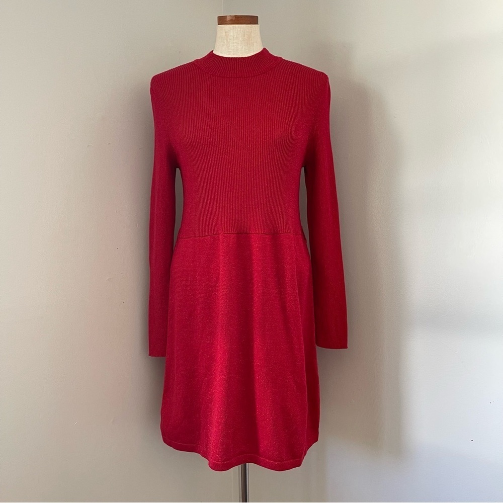 Free People metallic Red ribbed long sleeve midi dress size Large NWOT